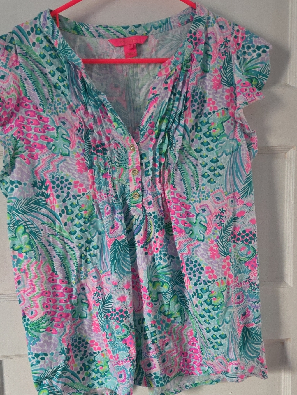Lilly Pulitzer Pink and Teal Floral Flutter Sleeve Blouse
